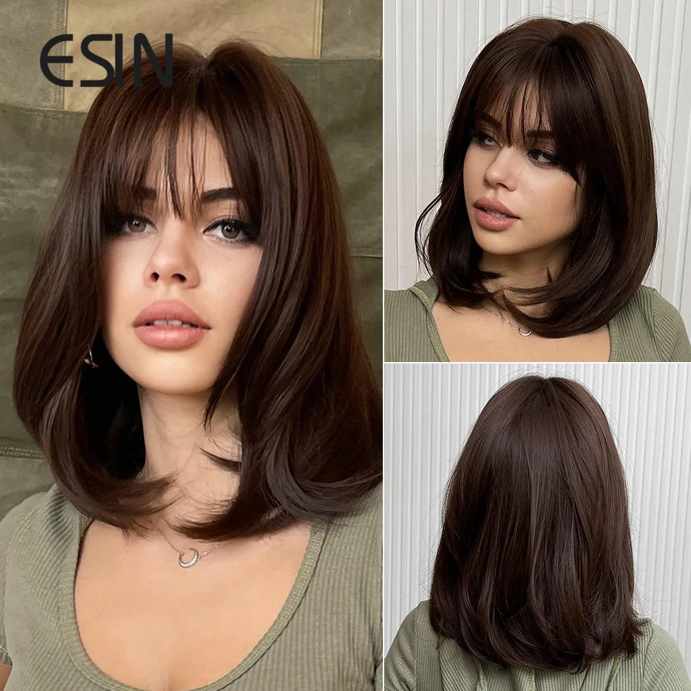 Dark Brown Synthetic Wig with Bangs