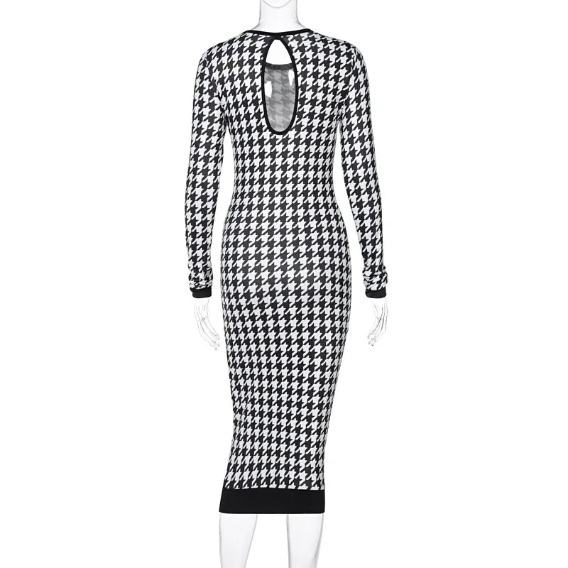 Houndstooth Print Bodycon Midi Dress