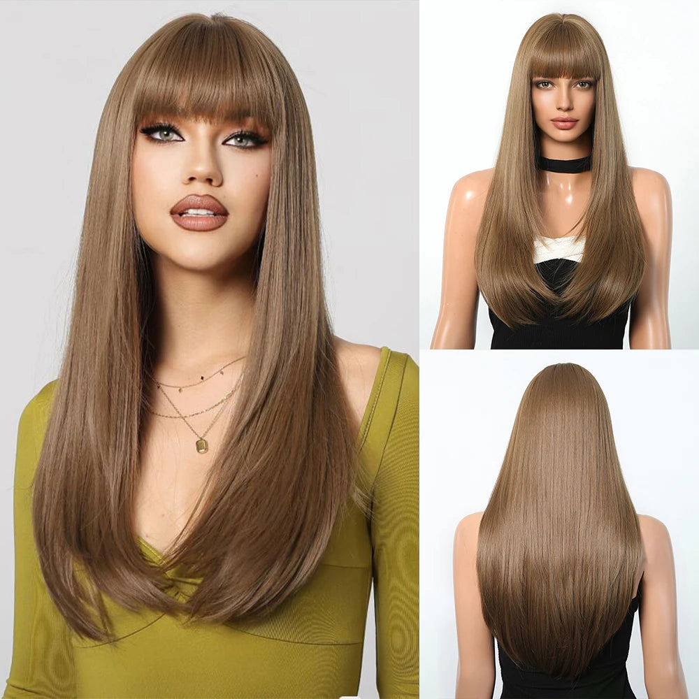 Light Brown Synthetic Wig with Full Bangs