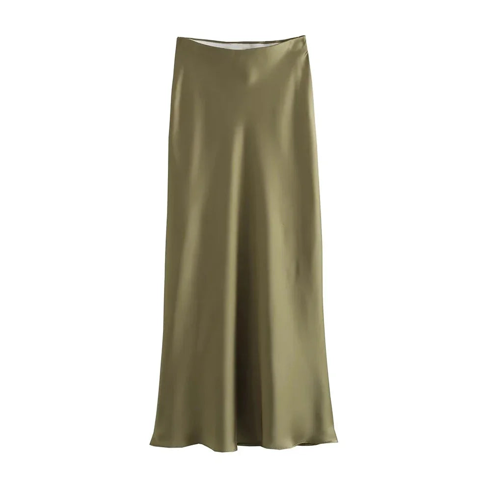 High-Waisted Satin Midi Skirt