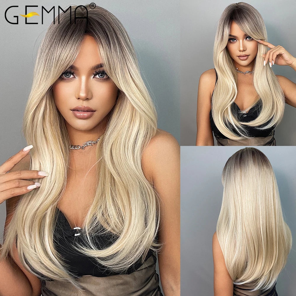 Ombre Brown Blonde Synthetic Wig with Bangs