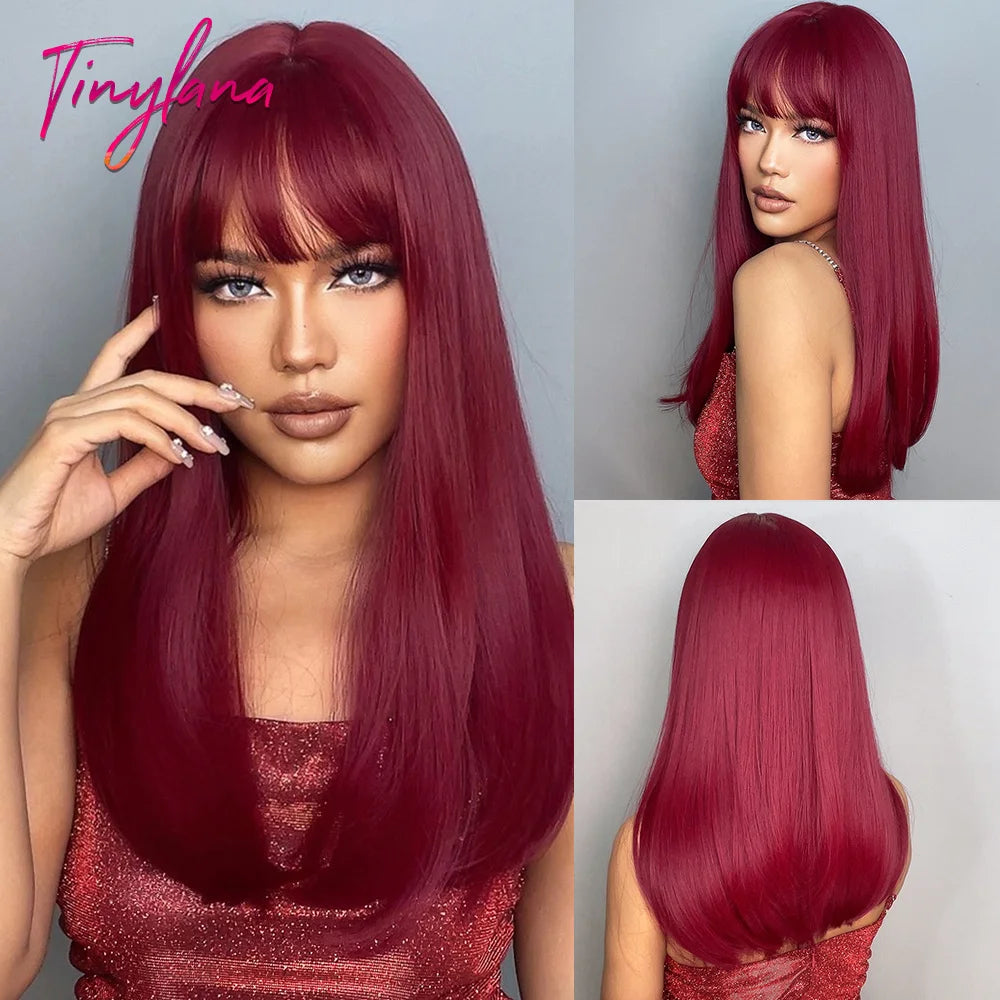 Burgundy Red Synthetic Wig with Bangs