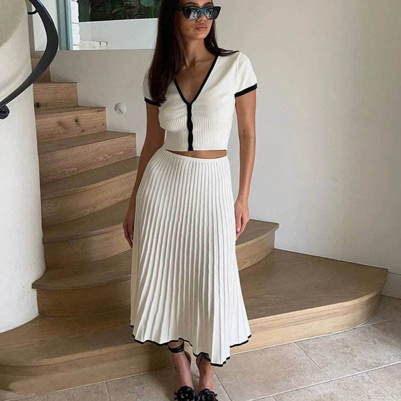 Women’s White V-Neck Crop Top & Skirt Set
