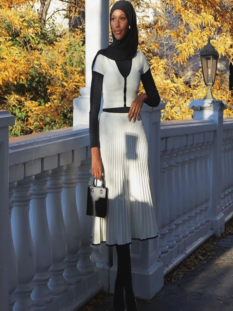 Women’s White V-Neck Crop Top & Skirt Set